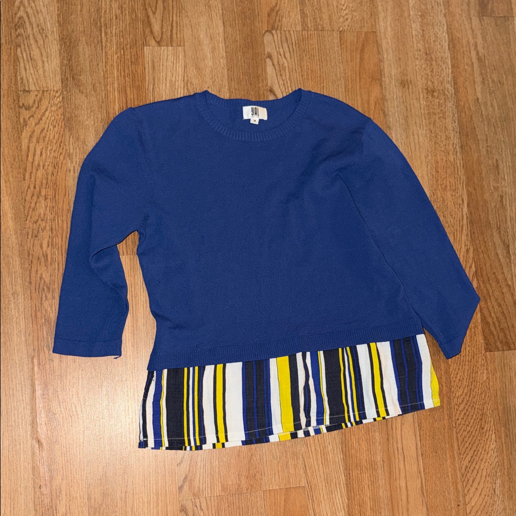 Elegant Blue Sweater With Striped Hem